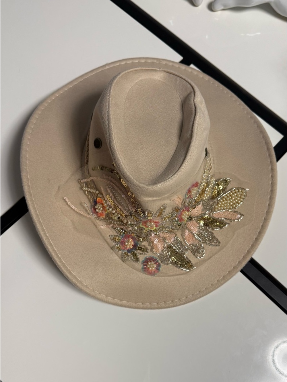 Custom Embellished Boho Cowboy Hat - Beige - Picture 2 of 4